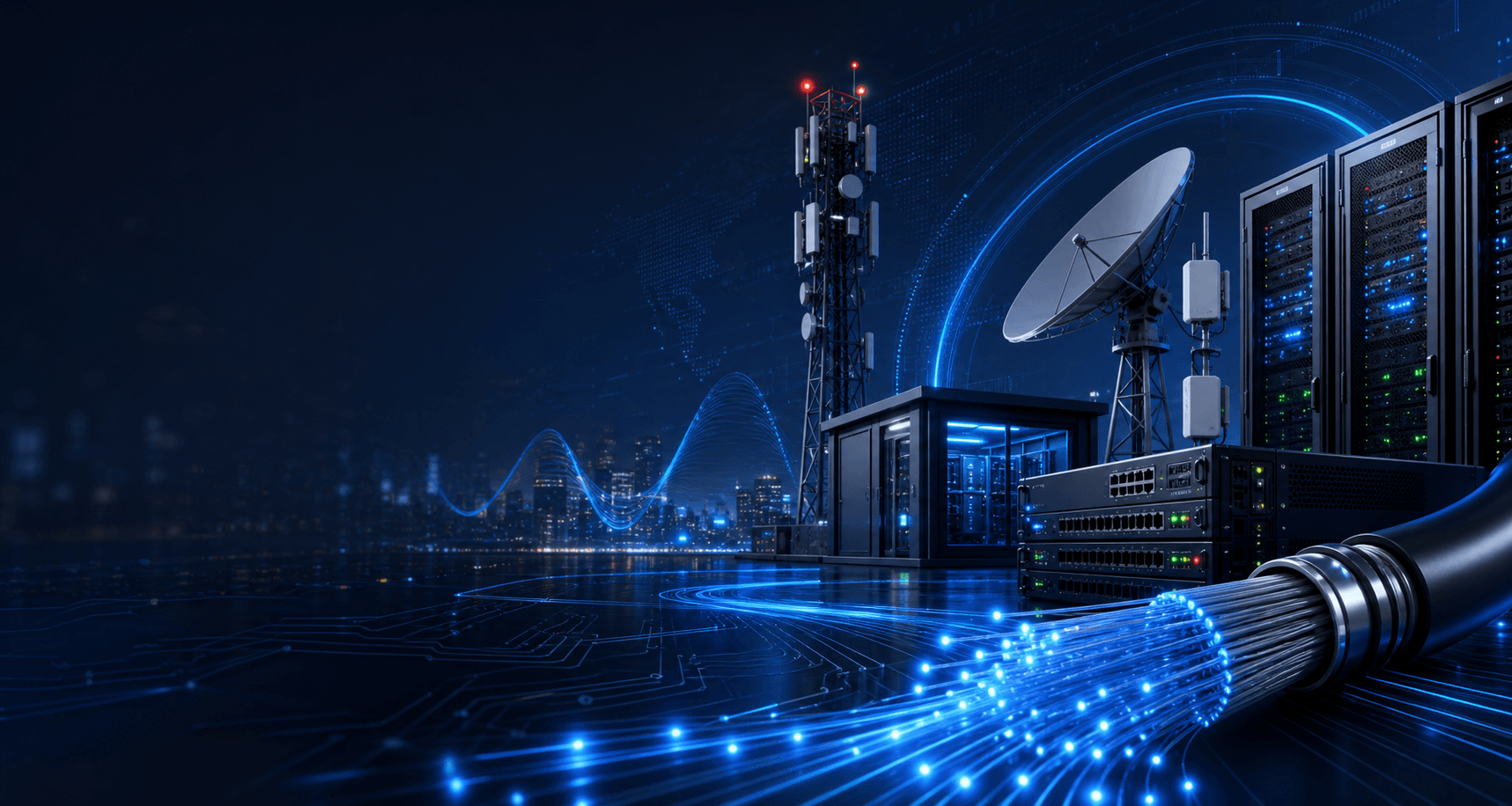 Infraestrutura moderna de telecomunicacoes com fibra optica, data center e redes wireless